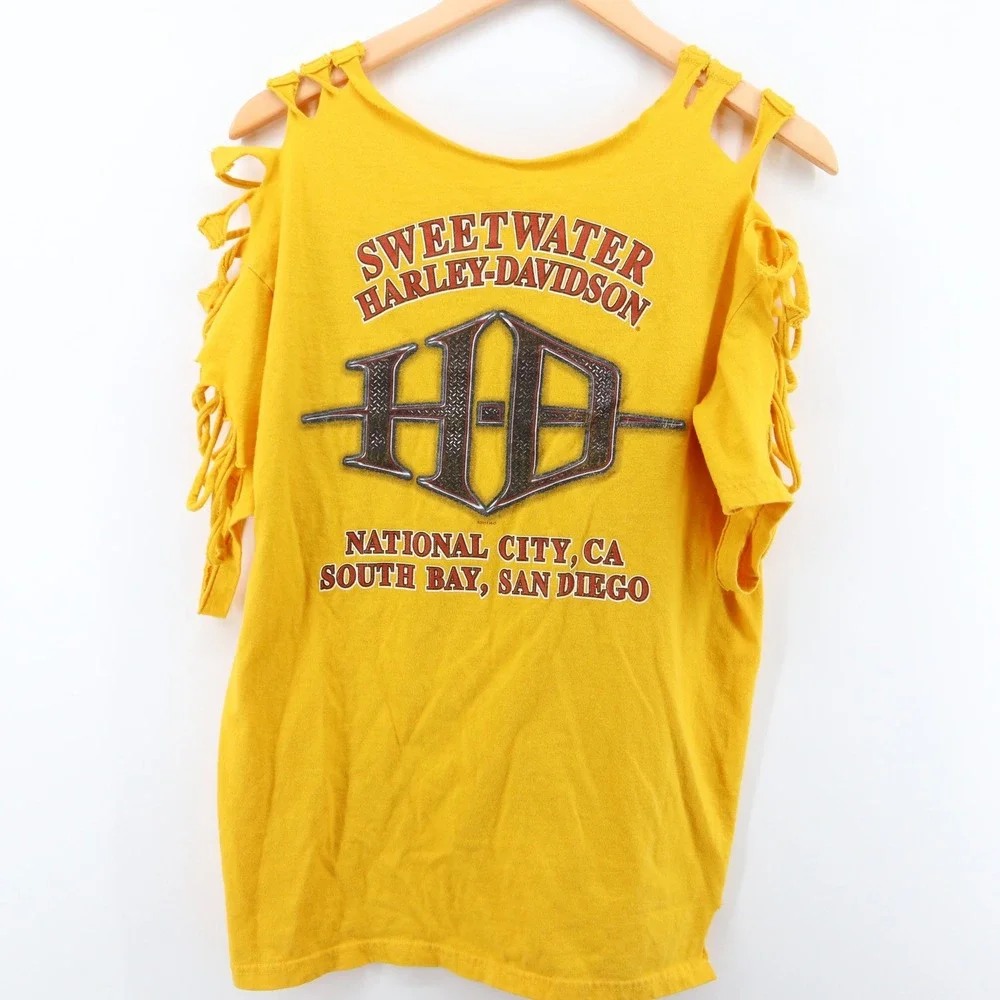 Harley Davidson Shirt Womens Large Yellow Vintage 2014 Shredded Distressed Tee‎